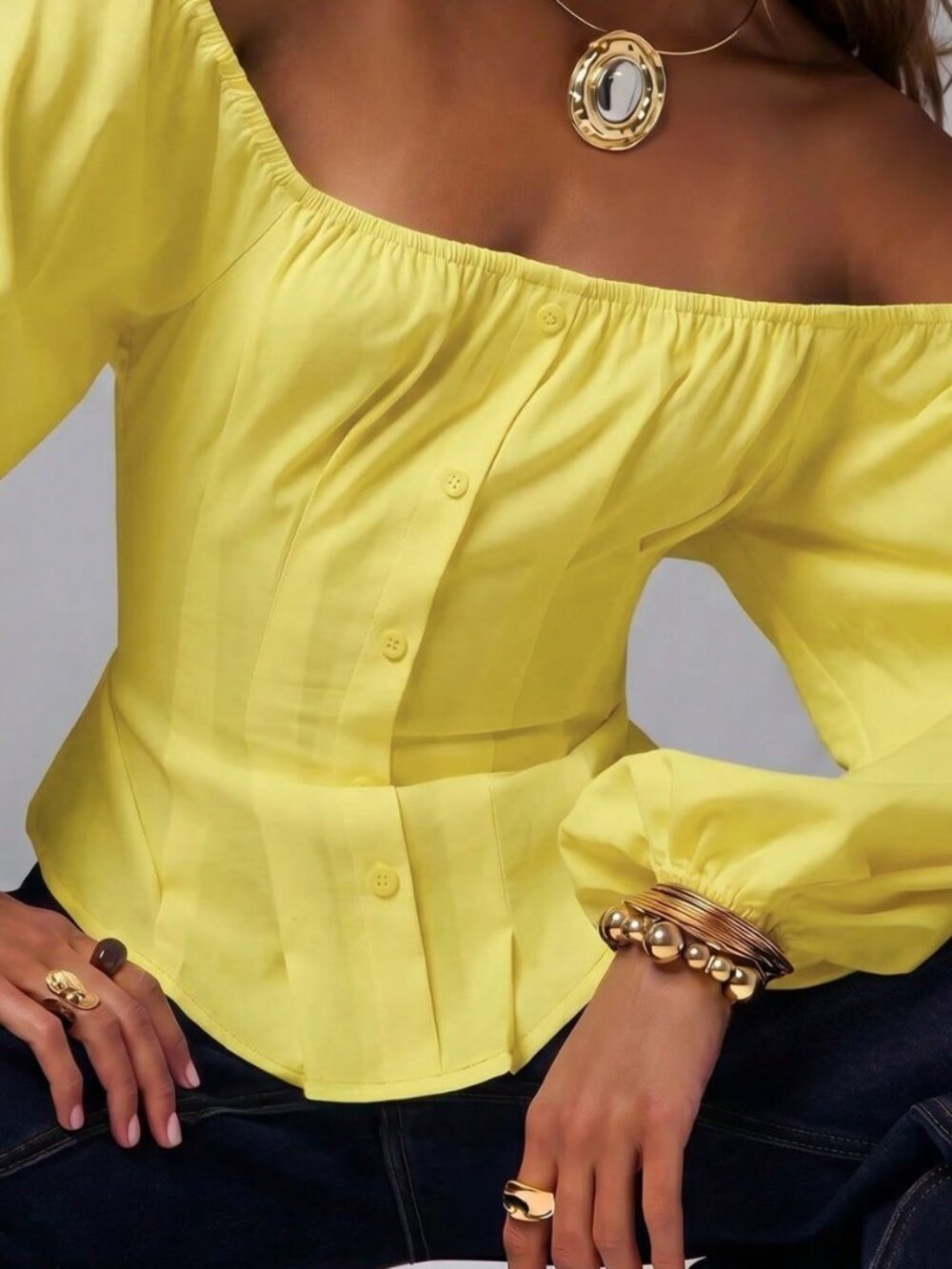 Yellow Elegant Off-Shoulder Sleeve Pleated Balloon Top